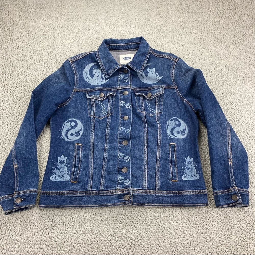 Old Navy Custom Upcycled Denim Jacket Yin-Yang Cats Boho Women's | Size: L - Picture 1 of 13